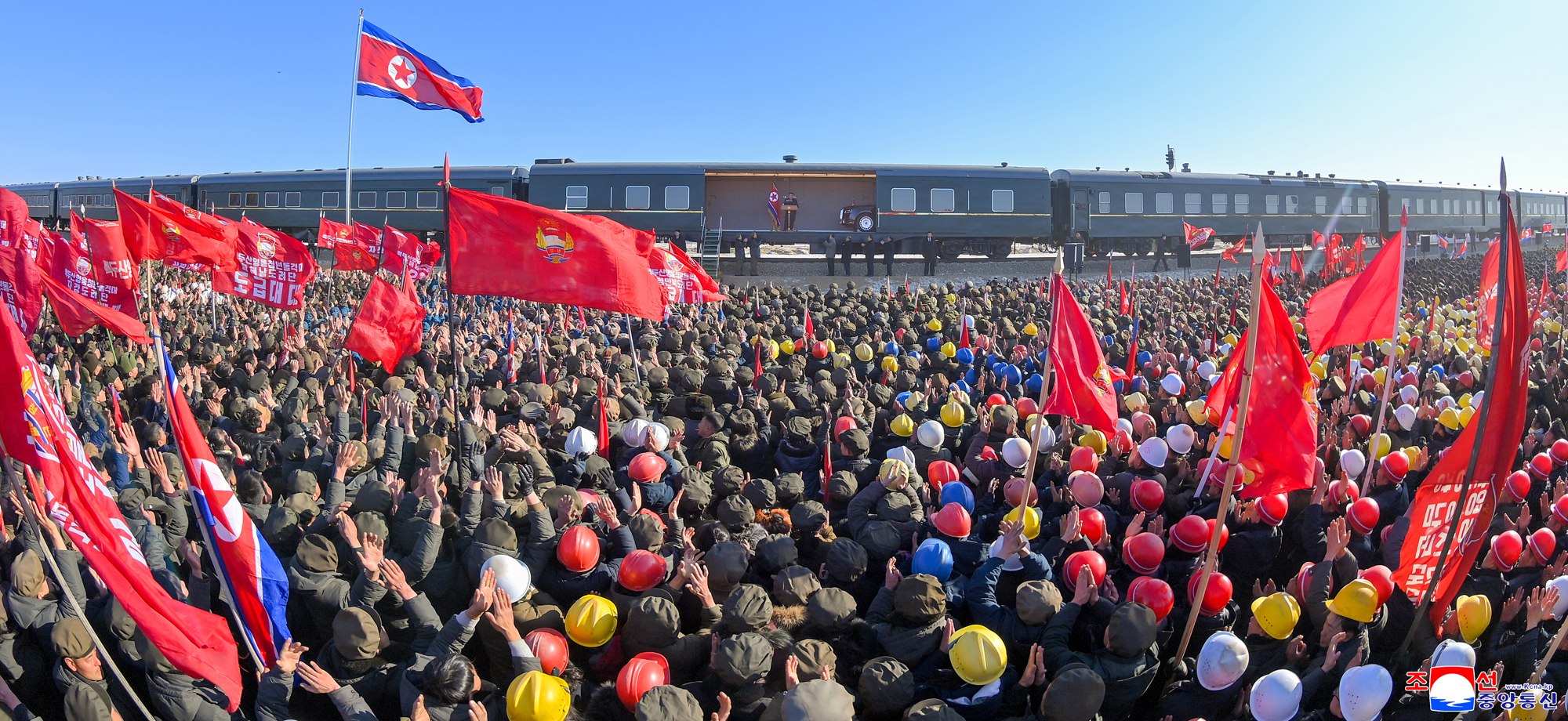 Respected Comrade Kim Jong Un visits construction site of Sinuiju Combined Greenhouse Farm to encourage young builders
