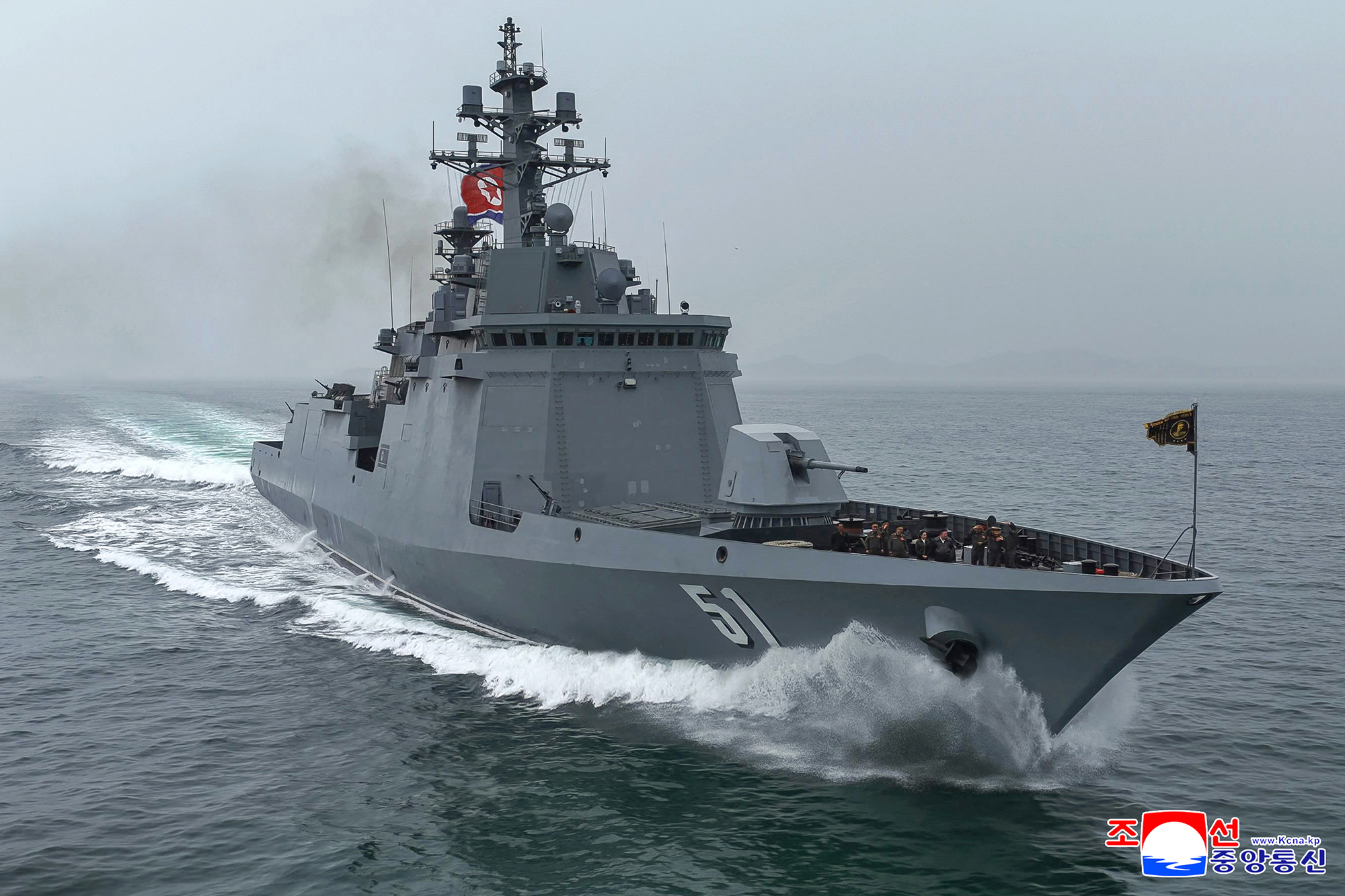 Respected Comrade Kim Jong Un visits destroyer <I>Choe Hyon</I> and observes test for assessing its manoeuvrability